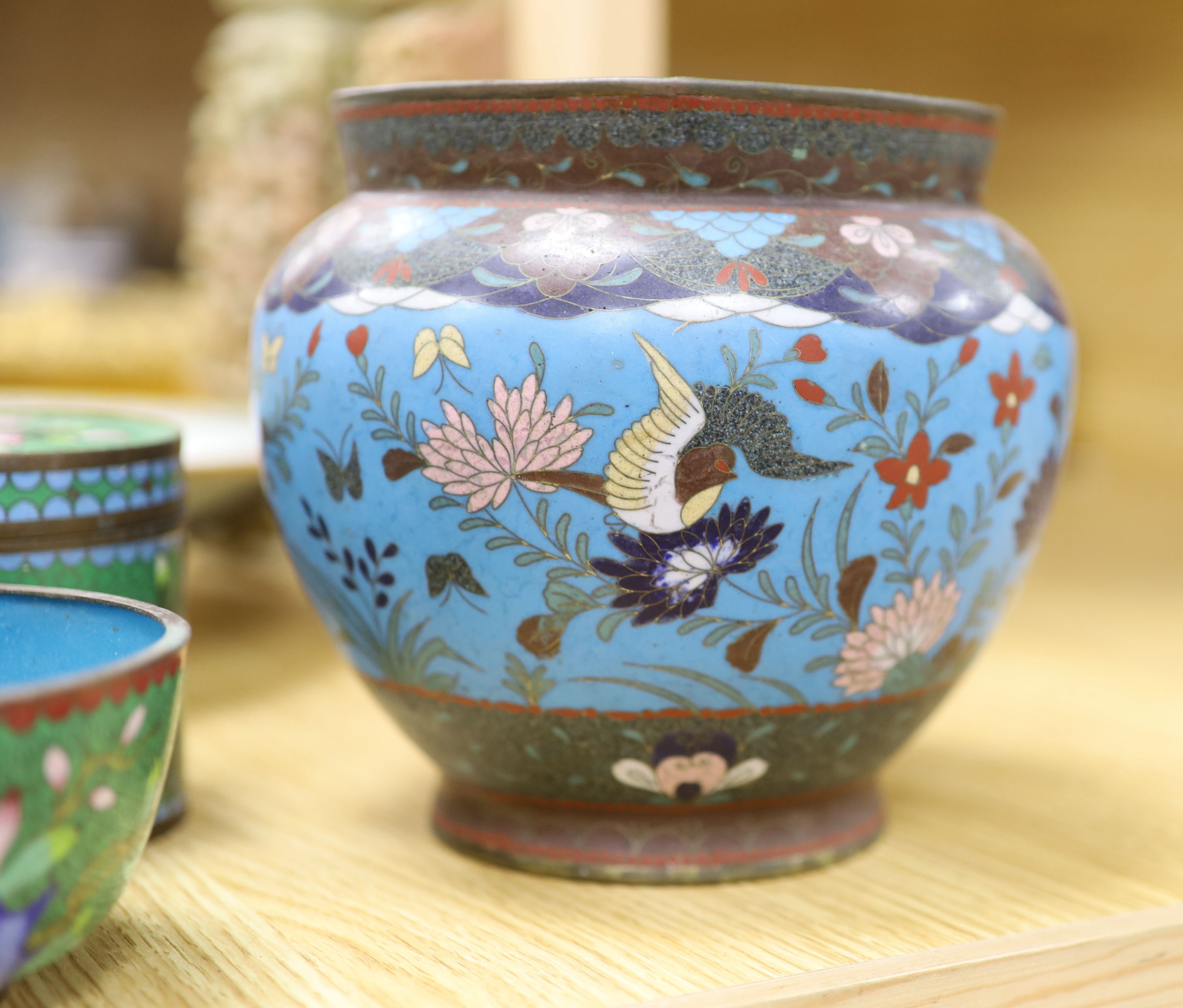 A group of Chinese and Japanese wares to include a famille rose dish, mixed cloisonne and a pair of soapstone carving, largest diameter